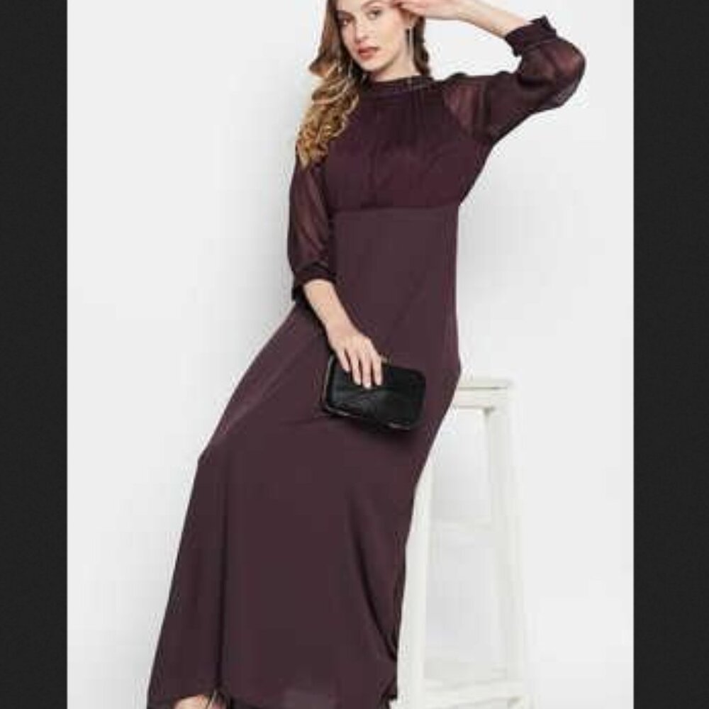 Madame Solid Mandarin Satin Maxi Dress Wine Beaded Shimmer M UK 12